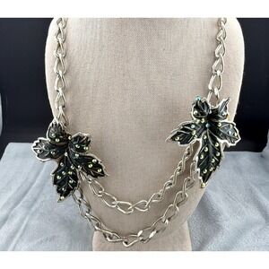 Leaf Statement Necklace Rhinestones Silver Tone 20"